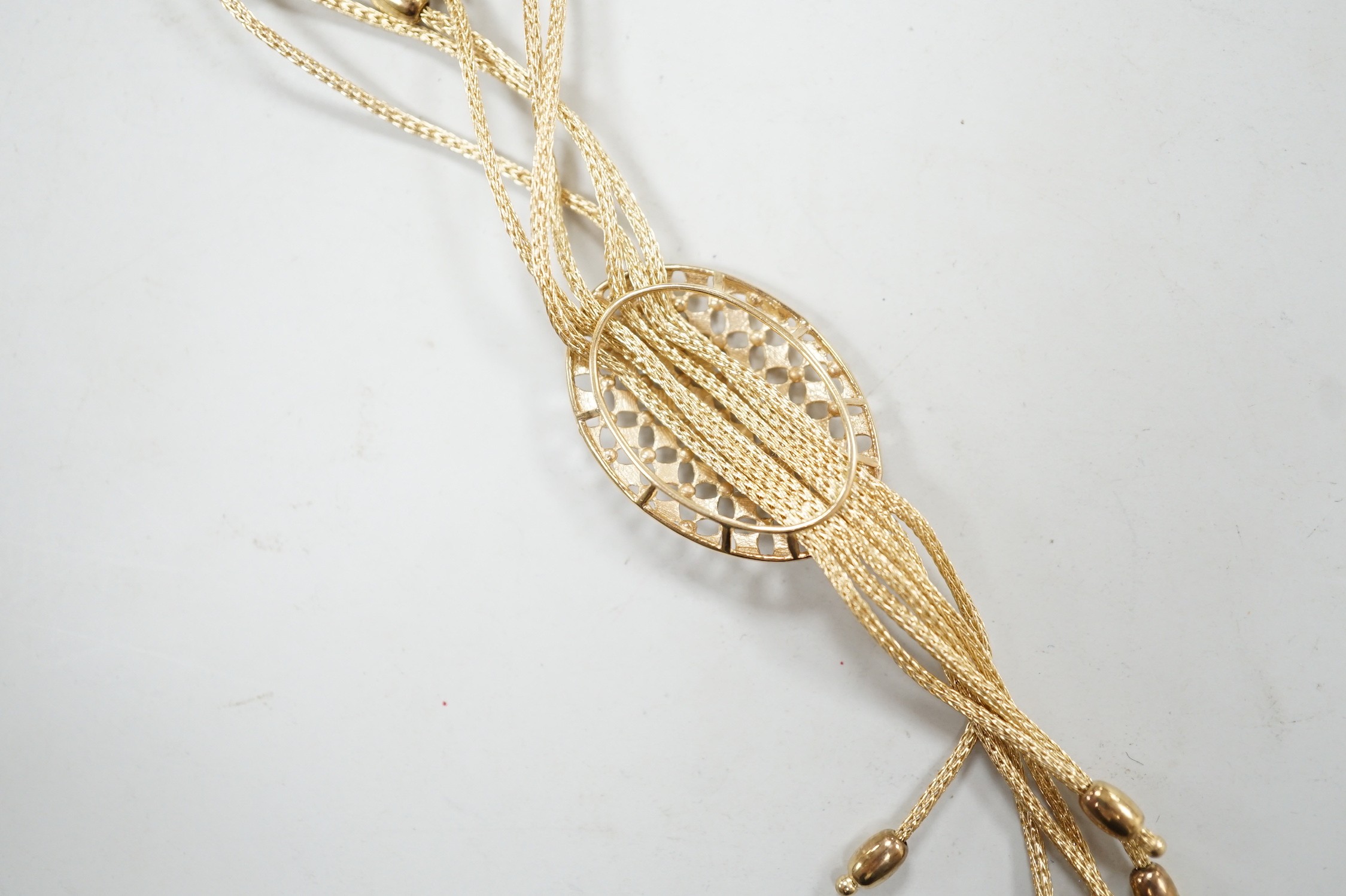 A modern Italian 375 yellow metal multi strand drop tassel necklace, approx. 49cm, 9.9 grams.